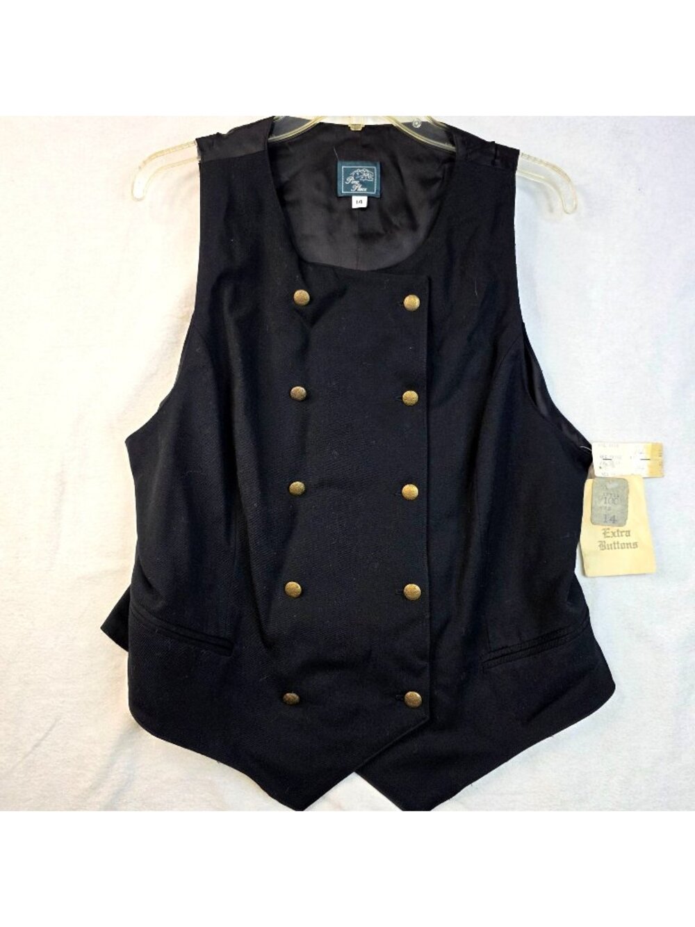 Vintage Pine Place Wool Gabardine Double-Breasted Vest 14 Black Preppy Academia
